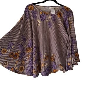 The Muses Lounge Purple Floral Stripe Knit Tunic Top Womens XL Flare Sleeve Boho